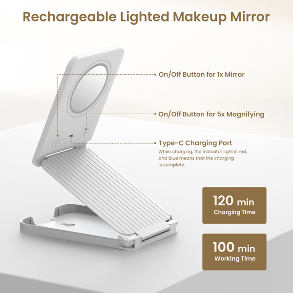 Travel Makeup Mirror with Lights, Portable Vanity Mirror with 5X Lighted Magnification, 3 Color Lights, 1000mAh Battery, Freely Adjust Height and Angle