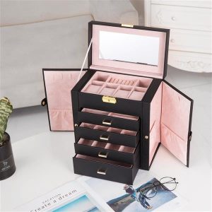 Synthetic Leather Huge Jewelry Box Mirrored Watch Organizer Necklace Ring Earring Storage Lockable Gift Case Black