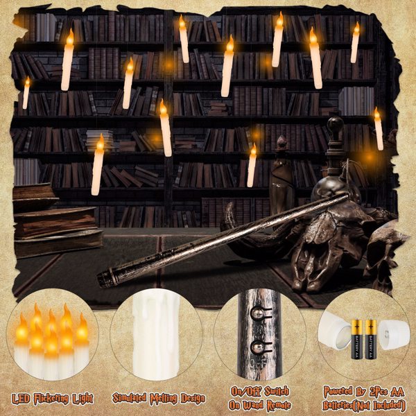 Halloween decorations, magical floating lights, magic lights, flickering candlelight, etc., with magic wand, Halloween party lights, battery candles, hanging lights, etc