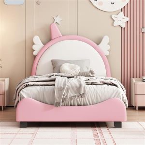 Cute Twin size Upholstered Bed With Unicorn Shape Headboard,Twin Size Platform Bed with Headboard and Footboard,White+Pink