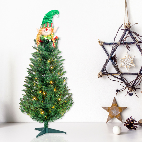 A green Christmas tree decorated with Christmas dolls, featuring 30 lights, 129 branches, iron brackets, and Christmas gifts