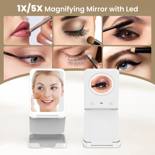 Travel Makeup Mirror with Lights, Portable Vanity Mirror with 5X Lighted Magnification, 3 Color Lights, 1000mAh Battery, Freely Adjust Height and Angle