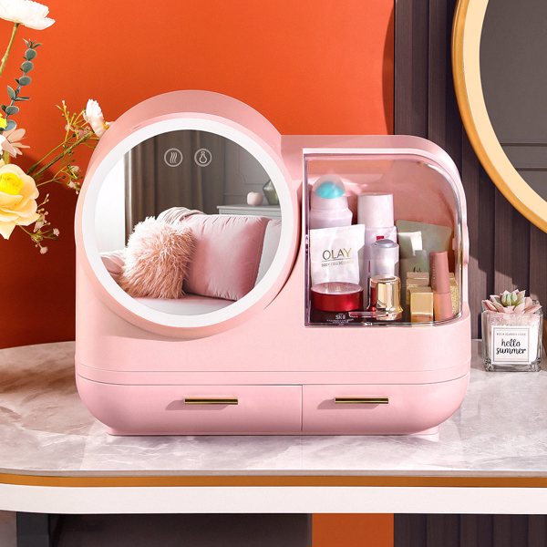 Makeup Storage Organizer Box with Led Lighted Mirror Pink