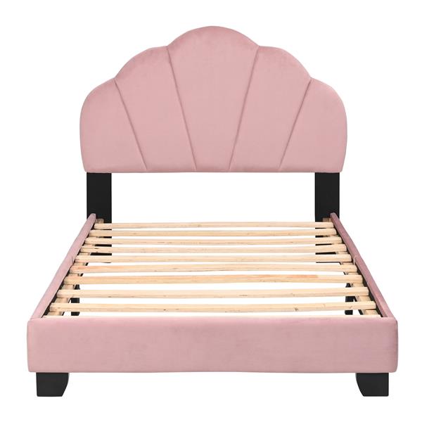 Upholstered Twin Size Platform Bed for Kids, Wooden Bed Frame with Slatted Bed Base, No Box Spring Needed, Cute Bed Frame with Shell Design Headboard for Girls Boys Teens, Pink