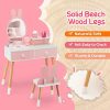 Kids Vanity Set, Girls Vanity Set with Mirror & Stool, 2 Large Drawers, Storage Shelf, Wooden Princess Makeup Dressing Table, Pretend Play Vanity Table Chair Set for Toddlers (Pink)