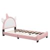 Cute Twin size Upholstered Bed With Unicorn Shape Headboard,Twin Size Platform Bed with Headboard and Footboard,White+Pink