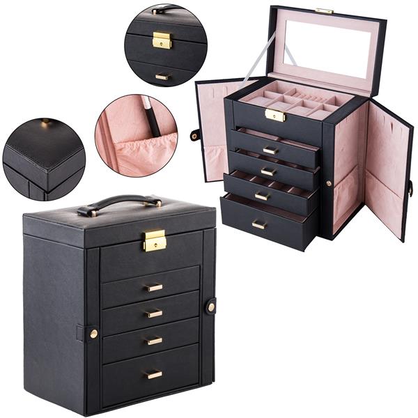 Synthetic Leather Huge Jewelry Box Mirrored Watch Organizer Necklace Ring Earring Storage Lockable Gift Case Black