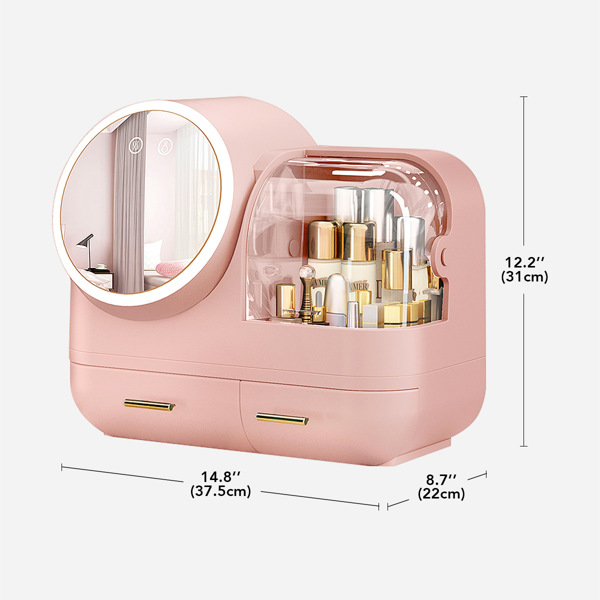 Makeup Storage Organizer Box with Led Lighted Mirror Pink