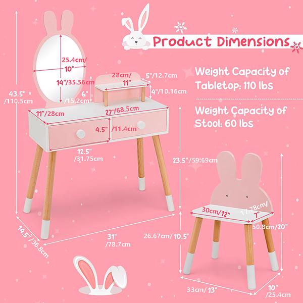 Kids Vanity Set, Girls Vanity Set with Mirror & Stool, 2 Large Drawers, Storage Shelf, Wooden Princess Makeup Dressing Table, Pretend Play Vanity Table Chair Set for Toddlers (Pink)