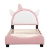 Cute Twin size Upholstered Bed With Unicorn Shape Headboard,Twin Size Platform Bed with Headboard and Footboard,White+Pink