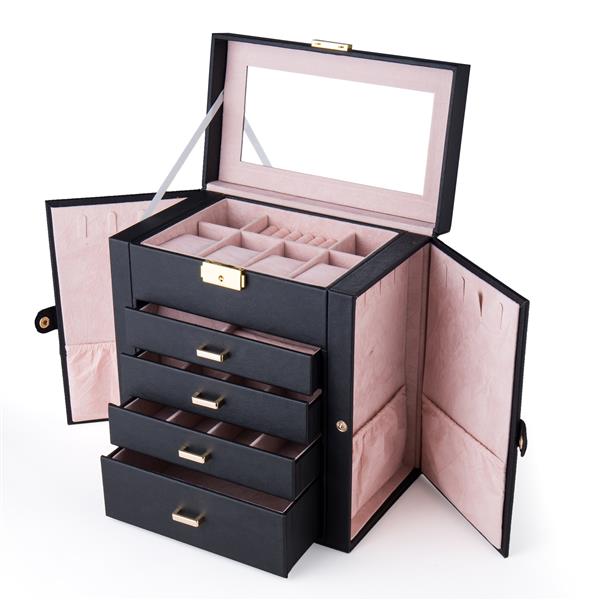 Synthetic Leather Huge Jewelry Box Mirrored Watch Organizer Necklace Ring Earring Storage Lockable Gift Case Black