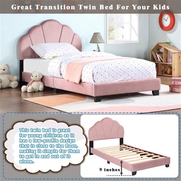 Upholstered Twin Size Platform Bed for Kids, Wooden Bed Frame with Slatted Bed Base, No Box Spring Needed, Cute Bed Frame with Shell Design Headboard for Girls Boys Teens, Pink