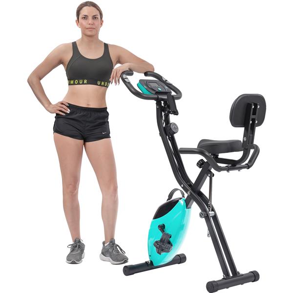 About this item Folding Exercise Bike, Fitness Upright and Recumbent X-Bike with 16-Level Adjustable Resistance, Arm Bands and Backrest Functional Foldable Design - Get intensive workout with an upright position, or easily convert it to recumbent exercise position for a casual workout. Folds up and out of the way when you're done with your workout. Large LCD Display - Monitor your your workout in speed, distance, heart rate, calories burnt, and time add up to keep your motivated. Convenient phone/pad holder equipped to dock your device for reading or entertaining. 10-Level Adjustable Resistance - Warm up with easy pedaling and then increase intensity to make the most out of your workout. Other Features - Innovative arms bands for upper body strength training. Pedals with straps to keep your feet in place to increase stability. Transport wheels help you move the bike out of the way fast and easy. Measurement - Recumbent Size: 30.7'' x 19.7'' x 42.3''(L x W x H); Upright Size: 25'' x 19.7'' x 47.6'' (L x W x H); Folded Size: 9'' x 19.7'' x 54.7'' (L x W x H); Weight Capacity: 350 LBS. Inseam Length: 29''~33'' (inch) EXERCISE BIKE Frame Steel Resistance Control 10-Level tension knob Seat Ergonomic over-sized padded seat, 2-way adjustable Display Speed, Time, Distance, Calories and Hand pulse Transport Roller With wheels for easy movement Arm Bands YES Max. User Weight 350 LBS Recumbent Dimensions 30.7'' x 19.7'' x 42.3'' Upright Dimensions 25'' x 19.7'' x 47.6'' Folded Dimensions 9'' x 19.7'' x 54.7'' Product Weight 42 LBS Package Dimensions 45.87'' x 15.35'' x 8.46'' Package Weight 47.62 LBS Assembly Assembly required Tools Tools required during assembly are included in package Folding Exercise Bike Foldable Fitness Stationary Bike Machine Unplugged, no batteries included (customers need to purchase two AAA batteries to install into the display) Magnetic X-Bike with 16-Level Adjustable Resistance