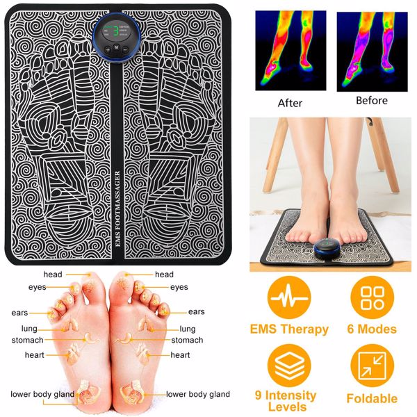 EMS Foot Massage Pad Electric Stimulator Massager Unit Rechargeable Leg Reshaping Muscle Pain Relax Massage Mat w/ 6 Modes 9 Intensity Levels