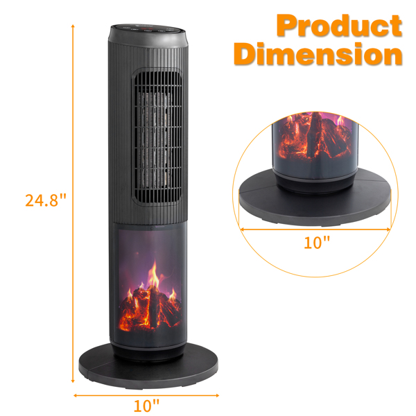 ZOKOP 25" Tower Space Heater with 3D Flame, 1500W Portable Electric Heater with Thermostat, 60° Oscillation, Timer, Remote Control, for Indoor Bedroom Office Home, Black