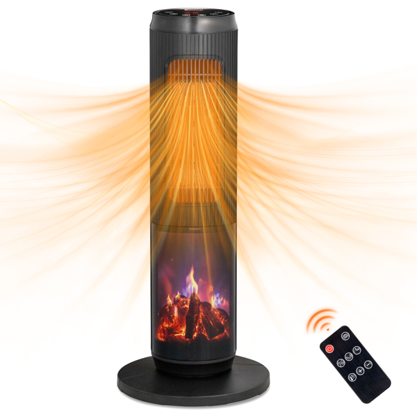 ZOKOP 25" Tower Space Heater with 3D Flame, 1500W Portable Electric Heater with Thermostat, 60° Oscillation, Timer, Remote Control, for Indoor Bedroom Office Home, Black