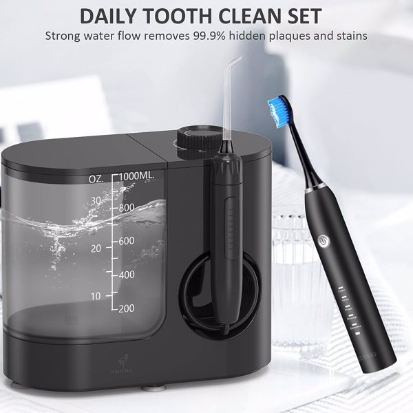 Start with the sonic electric toothbrush for initial teeth cleaning. Then, use the accompanying water flosser for deep cleaning. This easy and effective flossing method removes up to 99.9% of plaque and helps improve gum health by up to 50% more than traditional flossing. The 34-ounce(1000ml) reservoir is easy to clean and provides 120 seconds of water for a breezy routine. Control water flow easily. Our water flosser for teeth is equipped with 10 proper pressure for different multitudes: 1-2 for beginners or child, 3-5 for sensitive gums, 6-8 for daily use and 9-10 for deep cleaning. Our sonic electric toothbrush features 5 different cleaning modes to cater to various dental cleaning needs: clean, white, massage, tongue, and gingiva mode. Our cordless water flosser and sonic electric toothbrush combo has an IPX7 waterproof rating, making it highly portable and convenient for everyday use. With a rechargeable USB cable, it’s easy to charge and the waterproof construction makes it effortless to clean in the bathroom. Perfect for those seeking a water-resistant, effective, and portable dental hygiene experience, the Electric Toothbrush with Water Flosser is your ultimate solution. Experience the ultimate oral care with our water flosser and sonic electric toothbrush combo, which comes with 6 high-quality water jet tips to provide deep and comprehensive cleaning, as well as 4 versatile brush heads that offer an array of options for teeth cleaning and whitening. Additionally, the water flosser is equipped with 4 vacuum suckers on the base to prevent accidental toppling, ensuring a secure and stable user experience. We prioritize top-quality oral care products and exceptional customer service. Our 2-in-1 sonic fusion toothbrush and flosser undergoes rigorous testing and continual improvement for optimal performance. We take pride in meticulous attention to detail for an optimized user experience.