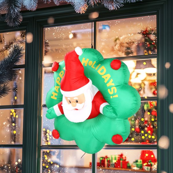 Introductions: Create a magical holiday atmosphere with this eye-catching Christmas inflatable decoration. Perfect for adding festive charm to your yard, garden, or indoor space, this inflatable is sure to impress guests and passersby alike. Designed to capture the spirit of the season, it brings joy and warmth to any holiday celebration, making it an essential part of your Christmas décor. Easy to set up and built to last, this decoration will be a cherished addition to your holiday traditions for years to come. Features: 1. Unique & Playful Design: This inflatable Christmas decoration features Santa cheerfully popping out of a festive wreath, creating the illusion that he's breaking through your window. The fun and whimsical design adds an extra layer of excitement to your holiday decor, sure to delight both kids and adults alike. 2. Bright LED Lights: With built-in LEDs, this inflatable decoration will brighten up your holiday nights and make your yard truly stand out. These soft, glowing lights will create a warm and festive ambiance and illuminate your yard. 3. Easy Setup and Storage: Simply zip up the inflatable and plug it into any standard power outlet; the built-in blower will automatically inflate the archway in seconds. When the festivities are over, deflate it just as easily, fold it up, and store it compactly until next year. 4. Durable and Weather-Resistant: Crafted from high-quality, waterproof polyester, this blow up decoration is designed to last through many holiday seasons. The material resists tears and fading, while reinforced stitching prevents leaks, ensuring that your inflatable remains in perfect condition year after year. 5. Versatile Holiday Decoration: Whether hung in your window, placed at the front door, or set up in your yard, this versatile inflatable adds a whimsical and eye-catching charm to any setting. It's the perfect decoration for homes, stores, and holiday parties, making your space the highlight of the season. Specifications: 1. Material: Polyester, Plastic 2. Dimensions: 48.4 in x 26.8 in x 4 ft (L x W x H) 3. Number of LEDs: 5 Package Includes: 1 x Christmas Inflatable Decoration with Adapter and Built-in Fan