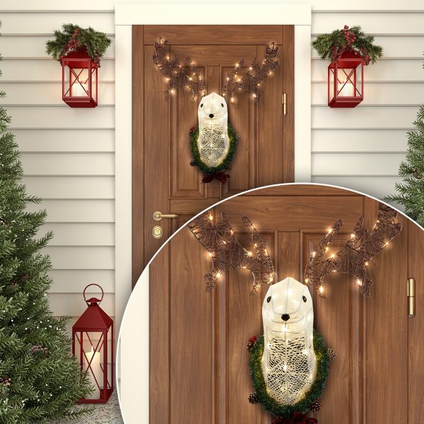 Lighted Christmas Wall Decor Reindeer Head, 39" Pre-lit 3D Rudolph Hanging Wreath for Front Door Window Indoor Outdoor Xmas Decor Lighted Holiday Displays