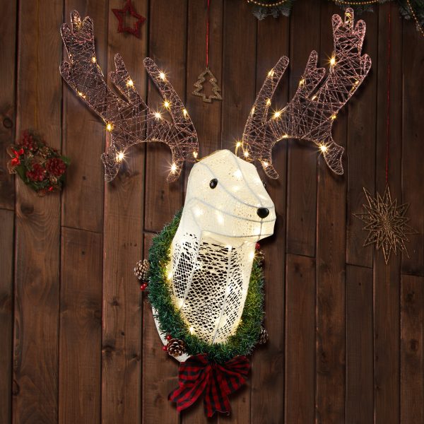 Lighted Christmas Wall Decor Reindeer Head, 39" Pre-lit 3D Rudolph Hanging Wreath for Front Door Window Indoor Outdoor Xmas Decor Lighted Holiday Displays