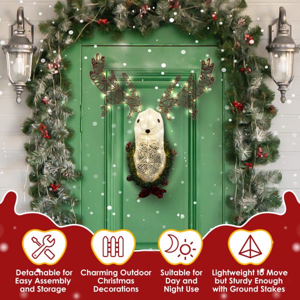 Lighted Christmas Wall Decor Reindeer Head, 39" Pre-lit 3D Rudolph Hanging Wreath for Front Door Window Indoor Outdoor Xmas Decor Lighted Holiday Displays