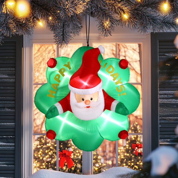 Introductions: Create a magical holiday atmosphere with this eye-catching Christmas inflatable decoration. Perfect for adding festive charm to your yard, garden, or indoor space, this inflatable is sure to impress guests and passersby alike. Designed to capture the spirit of the season, it brings joy and warmth to any holiday celebration, making it an essential part of your Christmas décor. Easy to set up and built to last, this decoration will be a cherished addition to your holiday traditions for years to come. Features: 1. Unique & Playful Design: This inflatable Christmas decoration features Santa cheerfully popping out of a festive wreath, creating the illusion that he's breaking through your window. The fun and whimsical design adds an extra layer of excitement to your holiday decor, sure to delight both kids and adults alike. 2. Bright LED Lights: With built-in LEDs, this inflatable decoration will brighten up your holiday nights and make your yard truly stand out. These soft, glowing lights will create a warm and festive ambiance and illuminate your yard. 3. Easy Setup and Storage: Simply zip up the inflatable and plug it into any standard power outlet; the built-in blower will automatically inflate the archway in seconds. When the festivities are over, deflate it just as easily, fold it up, and store it compactly until next year. 4. Durable and Weather-Resistant: Crafted from high-quality, waterproof polyester, this blow up decoration is designed to last through many holiday seasons. The material resists tears and fading, while reinforced stitching prevents leaks, ensuring that your inflatable remains in perfect condition year after year. 5. Versatile Holiday Decoration: Whether hung in your window, placed at the front door, or set up in your yard, this versatile inflatable adds a whimsical and eye-catching charm to any setting. It's the perfect decoration for homes, stores, and holiday parties, making your space the highlight of the season. Specifications: 1. Material: Polyester, Plastic 2. Dimensions: 48.4 in x 26.8 in x 4 ft (L x W x H) 3. Number of LEDs: 5 Package Includes: 1 x Christmas Inflatable Decoration with Adapter and Built-in Fan