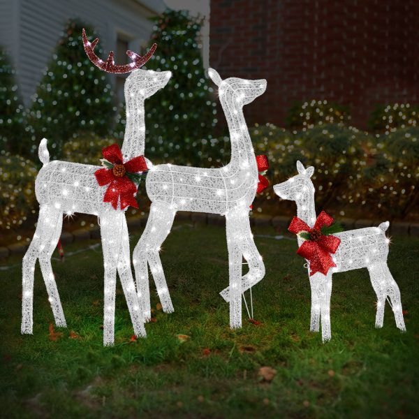 3-Piece Lighted Christmas Reindeer Family Set Outdoor Decorations, Weather Proof 2D Deer Family Set of 3 Christmas Ornament Home Decor Pre-lit 200 LED White Lights with Stakes, White